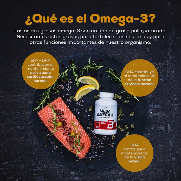 A high-contrast, educational ad showing an Omega-3 supplement bottle next to raw salmon and lemon, using callouts to explain key health benefits.